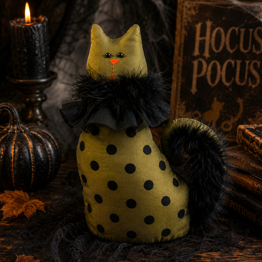 Halloween Cat Doorstop Weighted Plush Black Feather Decor Olive Green Polka Dot